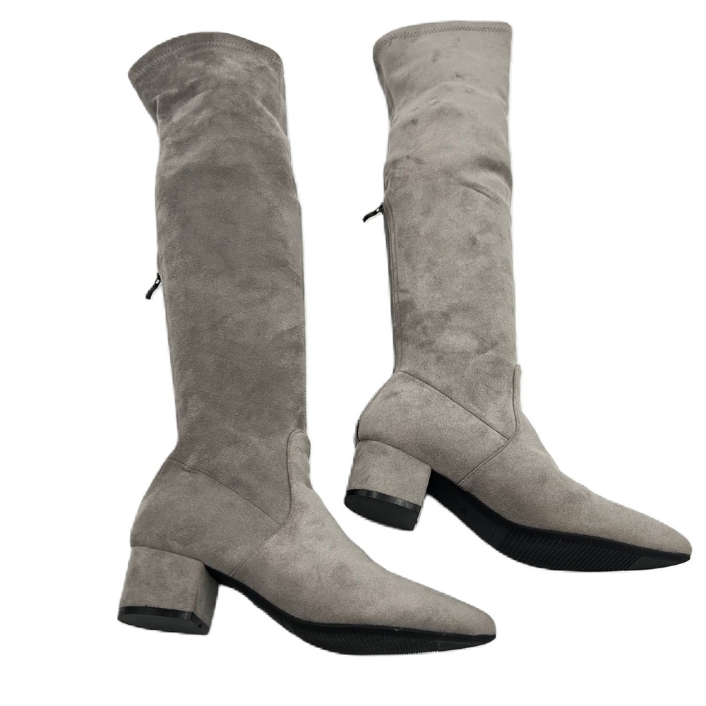 Faux Suede Over The Knee Boot‎ Size 8 Point Toe Block Heel Gray Neutral Baddie